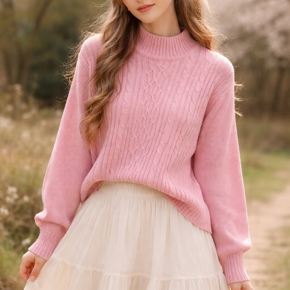 VTG 90s Haband Pink Cable Knit Mock Neck Sweater XL Cottagecore Coquette Preppy